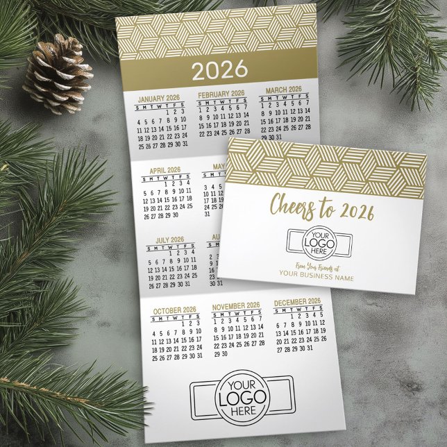 Calendar - Gold White Business Logo Hanging Tri-Fold Holiday Card (Business Holiday Card with a Hanging 2026 Calendar)