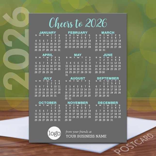 Calendar Grey Aqua Business Logo - Holiday Postcard (2026 Calendar on a Postcard)