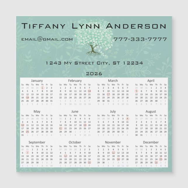 Calendar Heart Leaf Tree Floral Mint Green (Front)