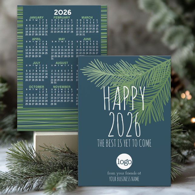 Calendar, Logo and Happy New Year - Blue Green Holiday Card (2026 Calendar on a Business Holiday Card)