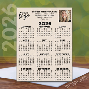 Calendar - logo, photo, business contact - beige postcard