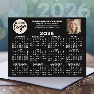 Calendar - logo, photo, business contact - black postcard