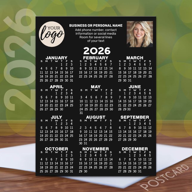 Calendar - logo, photo, business contact - black postcard (2026 Calendar Postcard with a logo, photo and business contact information)