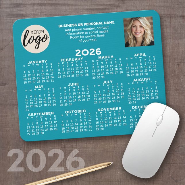 Calendar - logo, photo, business contact - blue mouse pad (2026 Calendar on a computer mousepad)