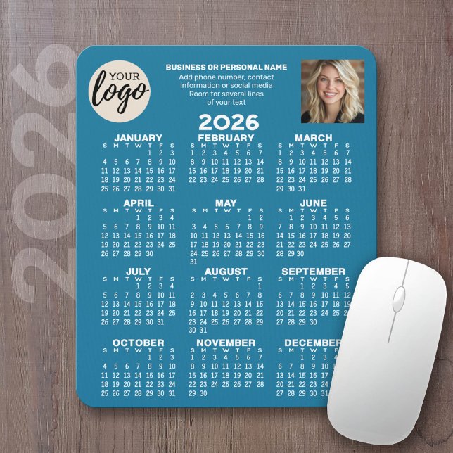 Calendar - logo, photo, business contact - blue mouse pad (2026 Calendar on a mousepad - add your logo and photo plus business information)