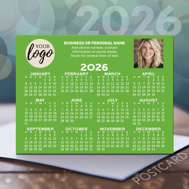 Calendar - logo, photo, business contact - green postcard (2026 Calendar Postcard - Add your logo, photo and business contact information)