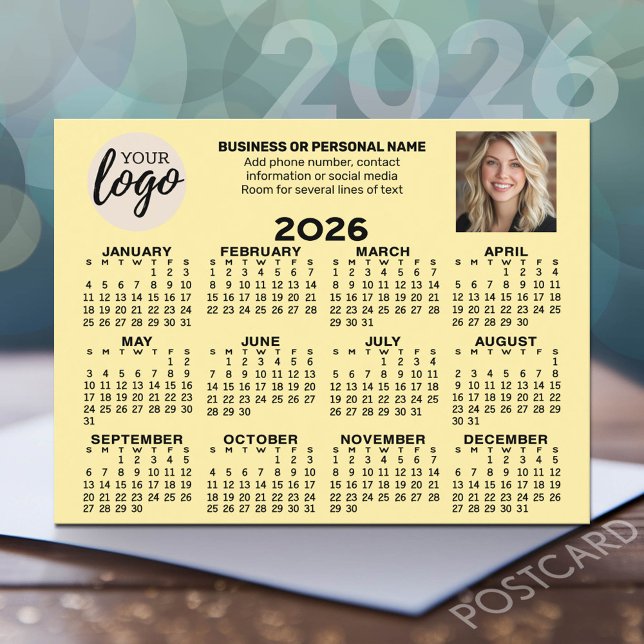 Calendar - logo, photo, business contact - pastel postcard (2026 Calendar Postcard - Add your logo, photo and business contact information)