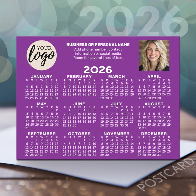 Calendar - logo, photo, business contact - purple postcard (2026 Calendar Postcard - Add your logo, photo and business contact information)