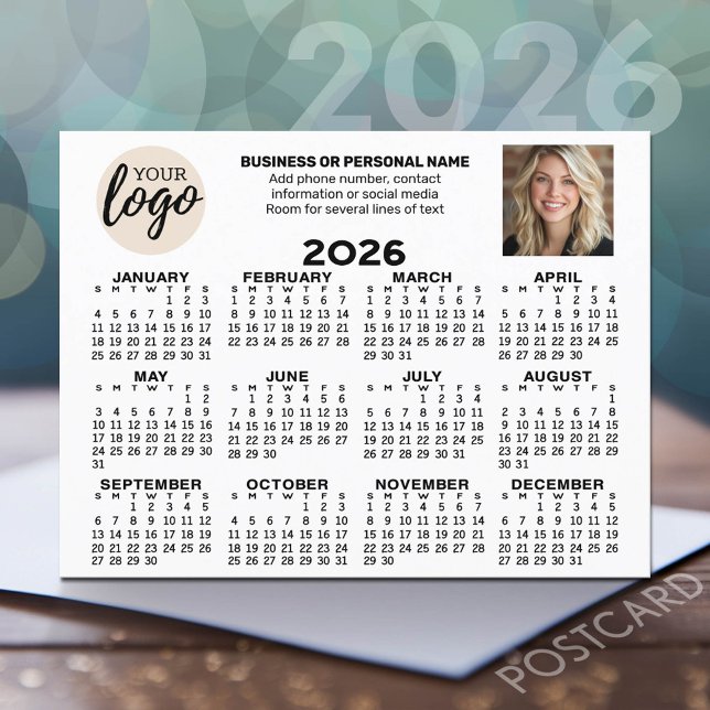 Calendar - logo, photo, business contact - white postcard (2026 Calendar Postcard - Add your logo, photo and business contact information)