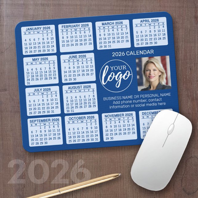 Calendar - logo, photo business mouse pad (2026 Calendar with a Photo Collage on a Mousepad)