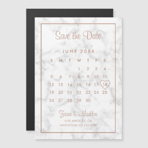 Calendar Modern Marble Rose Gold Save the Date Magnetic Invitation