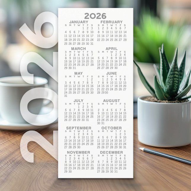 Calendar - Modern Minimal Tall Grey White Card (2026 Calendar on Cardstock - Simple, Minimal Design)