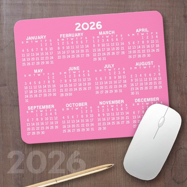 Calendar - modern pink and white simple mouse pad (2026 Calendar on a Mousepad)