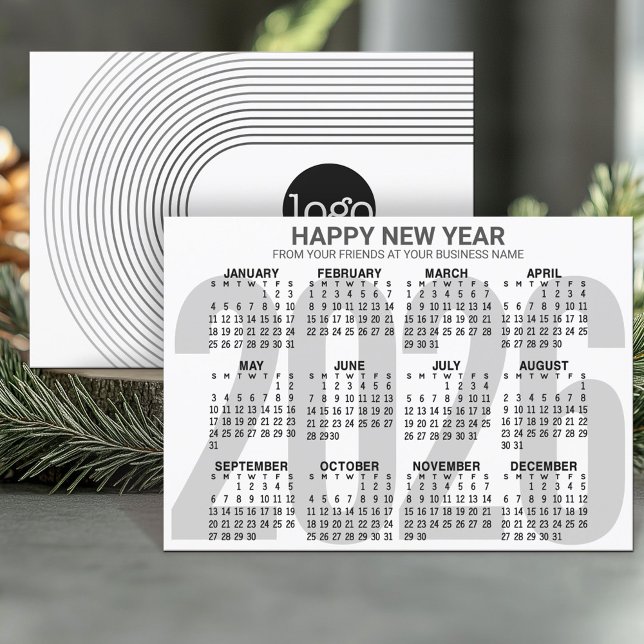 Calendar - Modern Stripes Logo Happy New Year gray Holiday Card (2026 Calendar - Business Holiday Card)