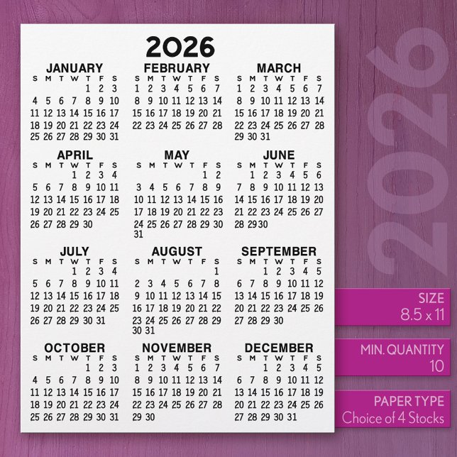 Calendar on Letter Size Paper Letterhead (2026 Calendar)