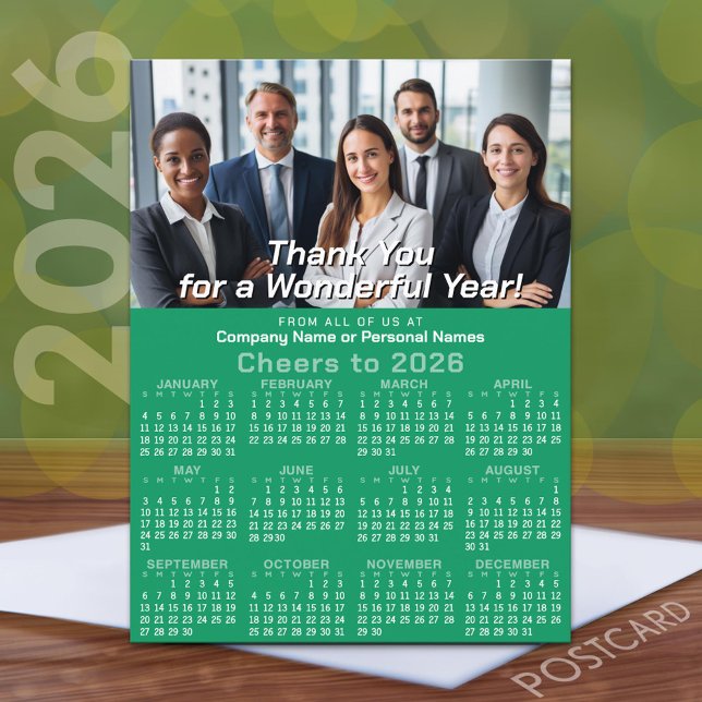 Calendar - Thanks for Great Year - Green Business Holiday Postcard (2026 Calendar on a Postcard)