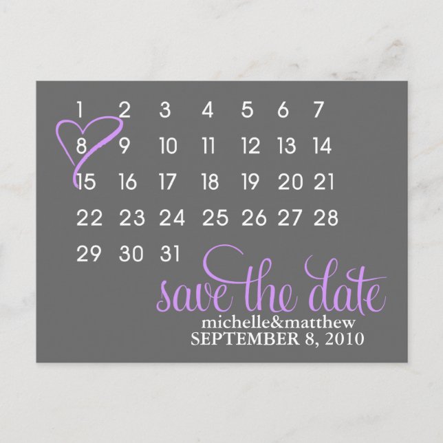Calendar Wedding Announcement Postcards {purple} (Front)