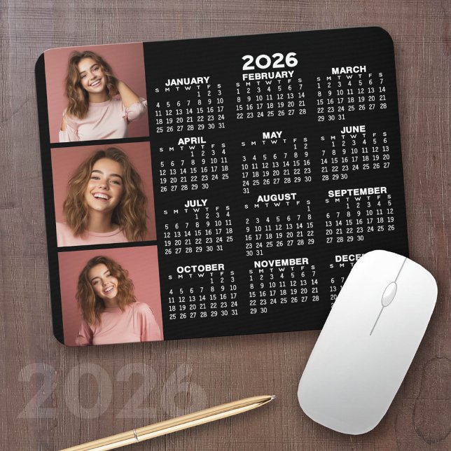 Calendar with 3 Photo Collage - black Mouse Pad (2026 Calendar with your logo or photos - Great Business Gift or Home Office Decor)