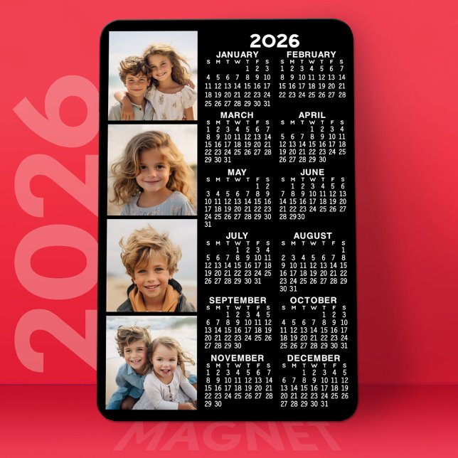 Calendar with 4 Photo Collage - black Magnet (2026 Calendar Magnet)