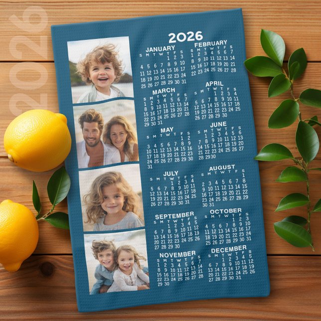 Calendar with 4 Photo Collage Blue Tea Towel (2026 Calendar)