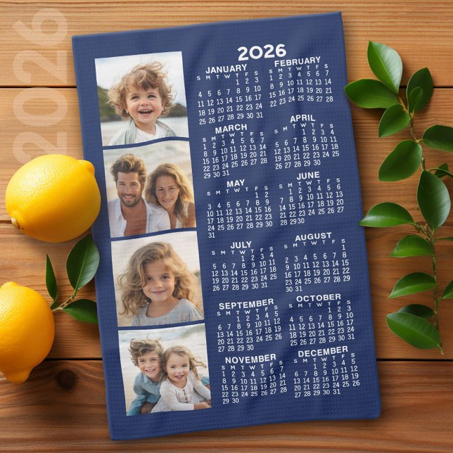 Calendar with 4 Photo Collage - Navy Blue Tea Towel (2026 Calendar)