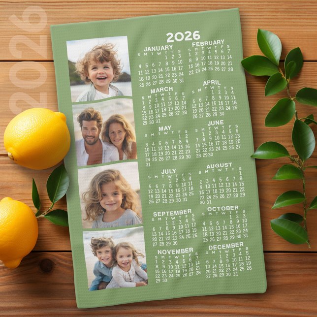 Calendar with 4 Photo Collage - Sage Green Tea Towel (2026 Calendar)