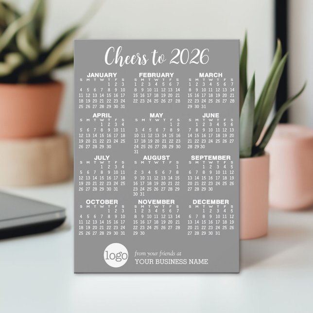 Calendar with Business Name, Logo - Grey Snowflake Holiday Card (2026 Calendar on a Holiday Card)