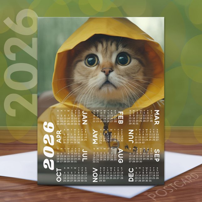 Calendar with cute cat dressed in yellow postcard (2026 Calendar Postcard)
