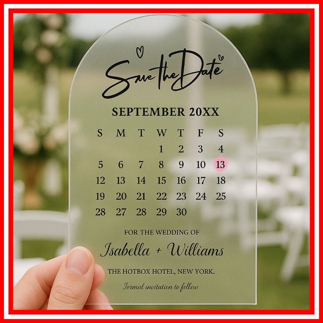 Calendar with Heart Elegant Photo Modern Wedding  Acrylic Invitations (Creator Uploaded)