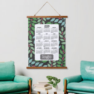 Calendar with Logo - Botanical Blue Green Hanging Tapestry