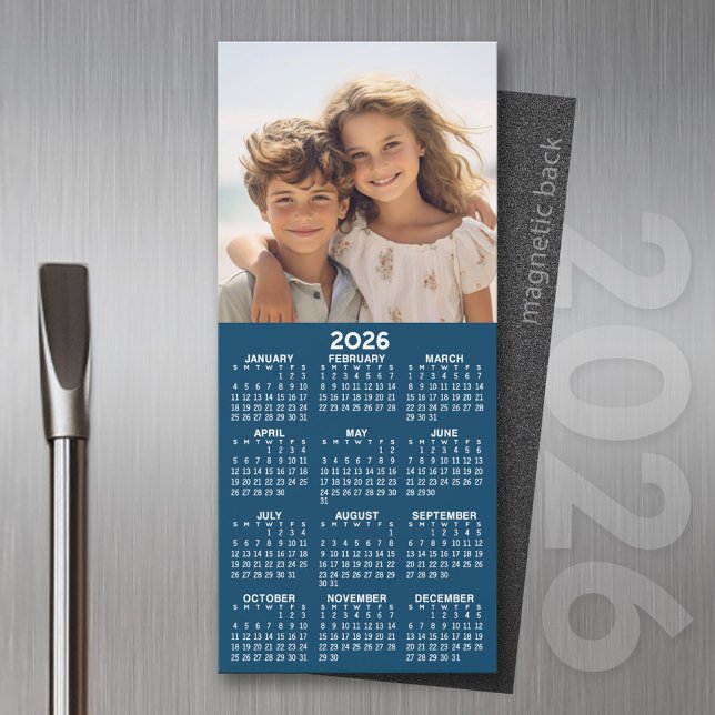 Calendar with Photo Collage blue background magnet (2026 Calendar Magnet for the Fridge or Home Office - Add a Photo for a Personal Touch)