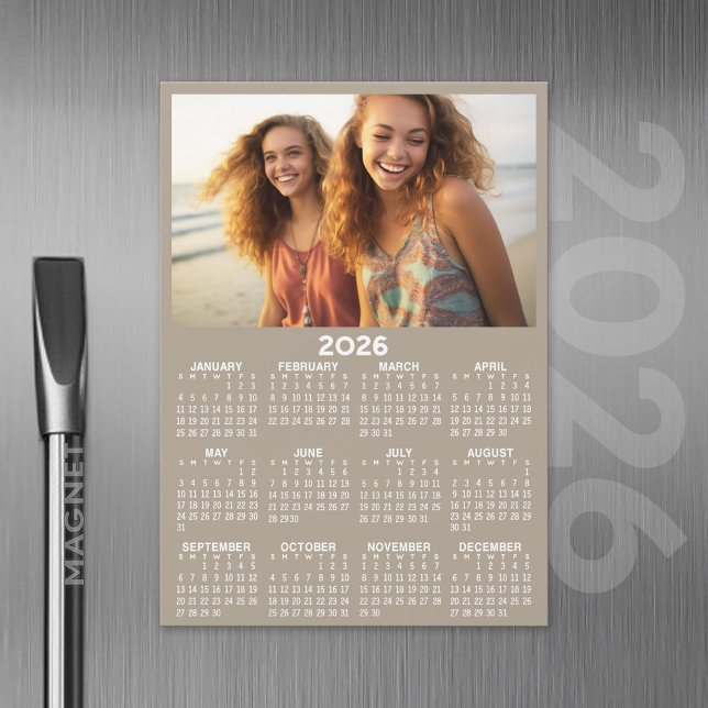 Calendar with Photo Full Year View Modern Magnet (2026 Calendar Magnet with Custom Photo)