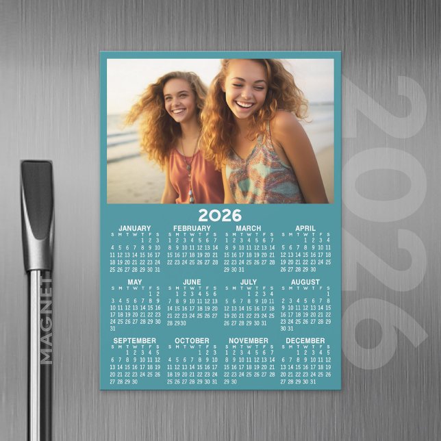 Calendar with Photo Full Year View Modern Magnet (2026 Calendar Magnet with Custom Photo)