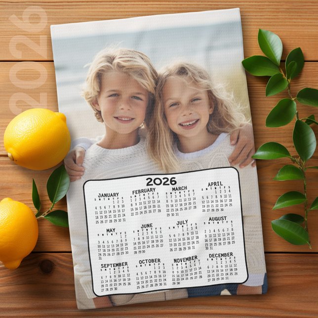 Calendar with Photo Full Year View Modern Minimal Tea Towel (2026 Calendar)