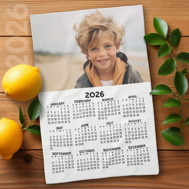 Calendar with Photo - Year View - Black White Tea Towel (2026 Calendar)