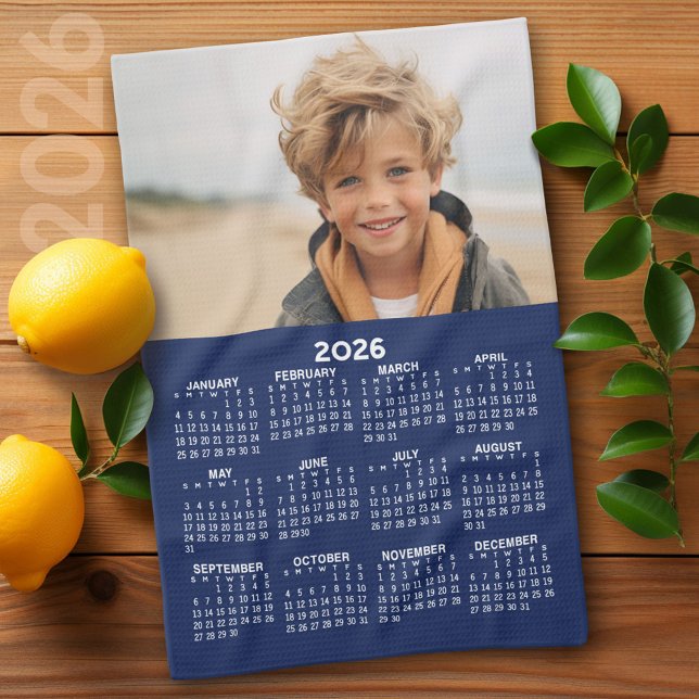 Calendar with Photo - Year View - Navy Blue Tea Towel (2026 Calendar)