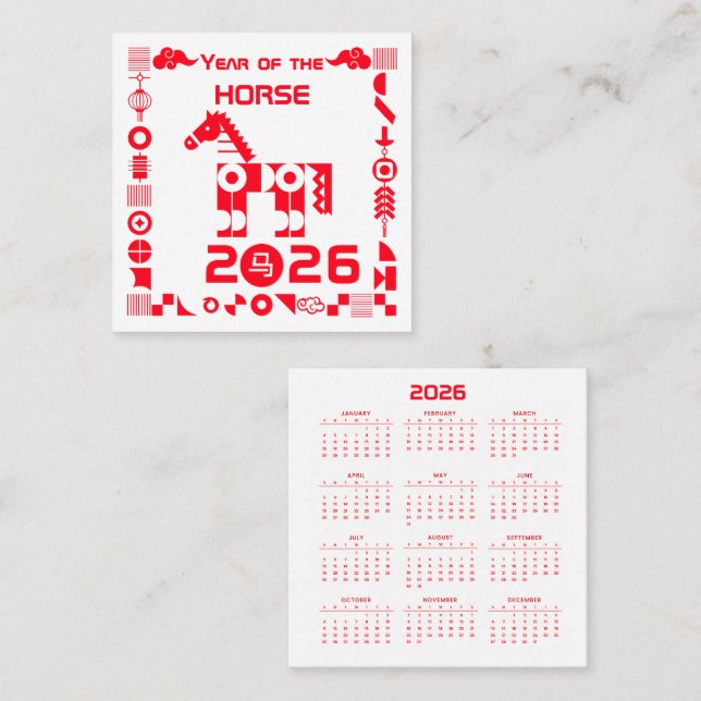 Calendar Year of the Horse 2026 Square Business Card (Front/Back)
