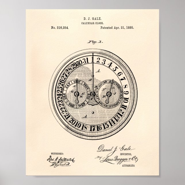 Calender Clock 1885 Patent Art Old Peper Poster (Front)