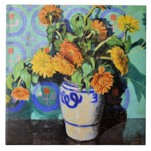 Calendulas, floral painting by Grant Wood Tile