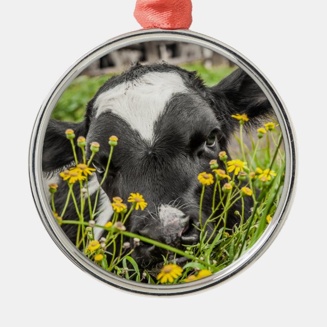 Calf Behind Flowers Metal Tree Decoration (Front)