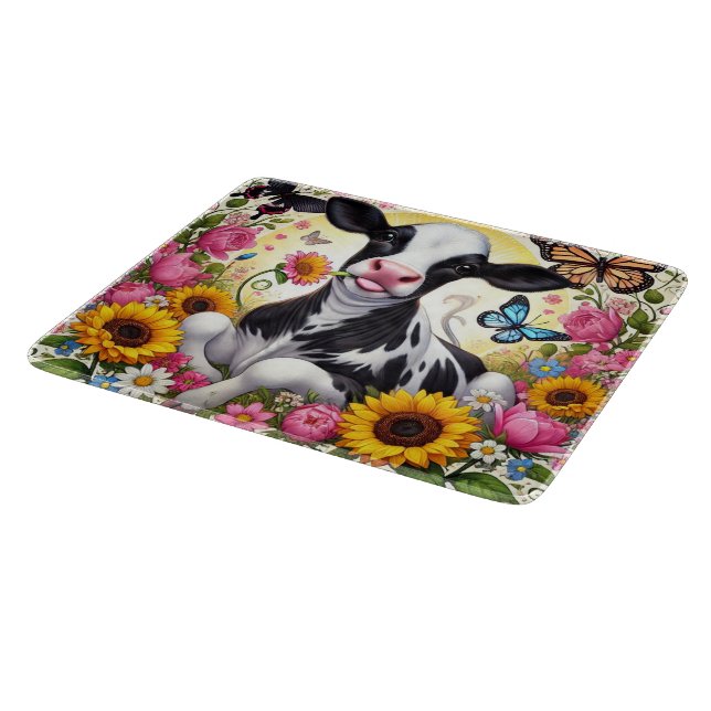 Calf in a Vibrant Floral and Butterfly Wonderland Cutting Board (Corner)