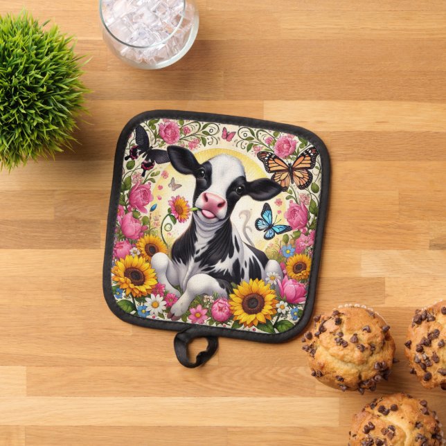 Calf in a Vibrant Floral and Butterfly Wonderland Pot Holder (Top Down)