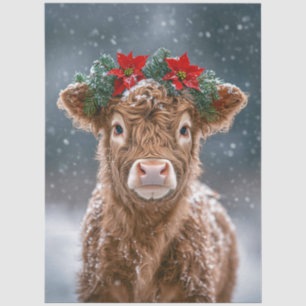 Calf in Snow with Poinsettia Wreath Tissue Paper