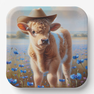 Calf With Cowboy Hat In Pasture  Paper Plate