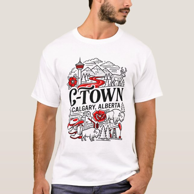 Calgary Alberta Symbols And Mountain Range View T-Shirt (Front)