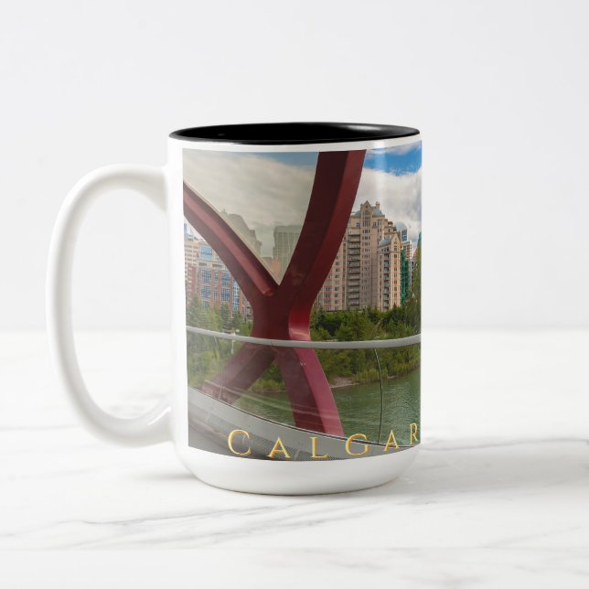 Calgary Cityscape through Peace Bridge Two-Tone Coffee Mug (Left)