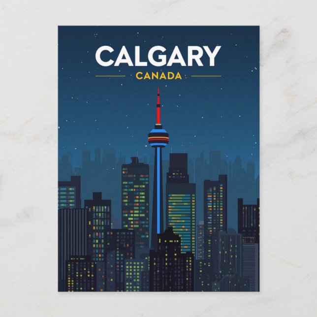 Calgary Tower Skyline Retro Night Postcard (Front)
