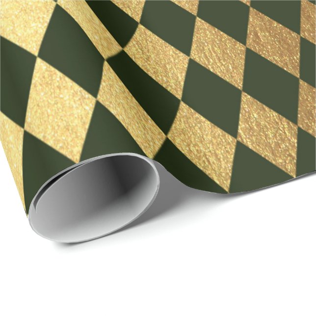 Cali Green Gold Geometry Chessboard Diamond Cut Wrapping Paper (Roll Corner)