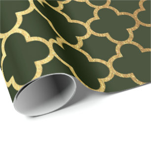 Cali Woodland Green Gold Quatrefoil Art Deco Net Wrapping Paper