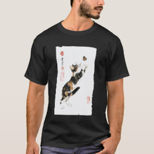 Calico Cat and Butterfly Japanese Vintage Painting T-Shirt